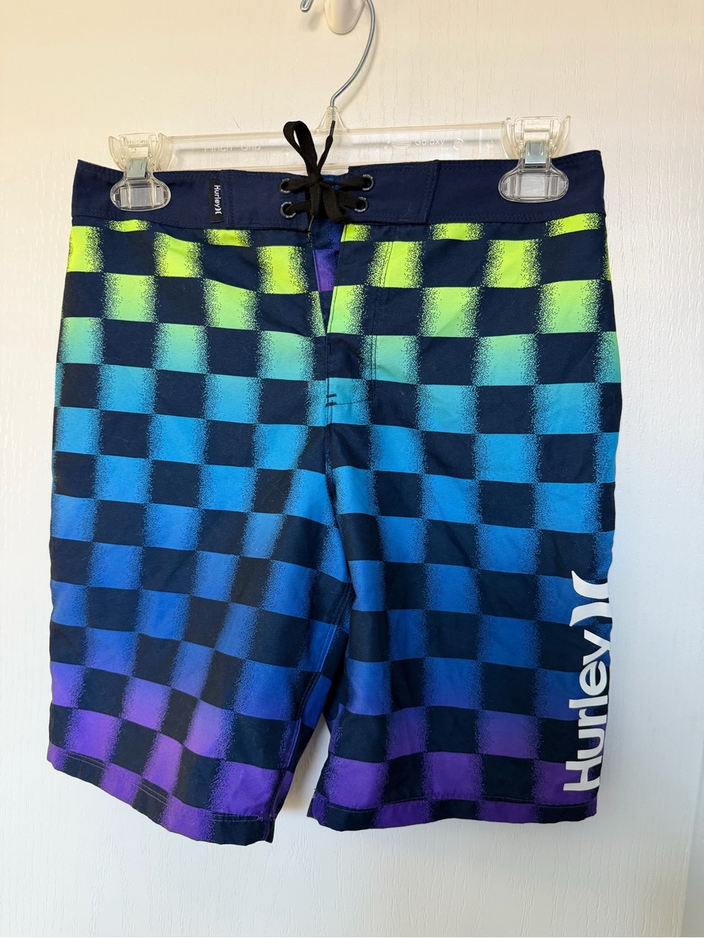 Hurley Boys Gradient Checkerboard Swim Trunks in Blue/Green/Purple